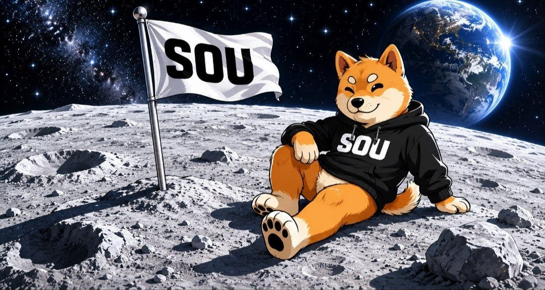SOU mascot sitting on the moon beside a SOU flag